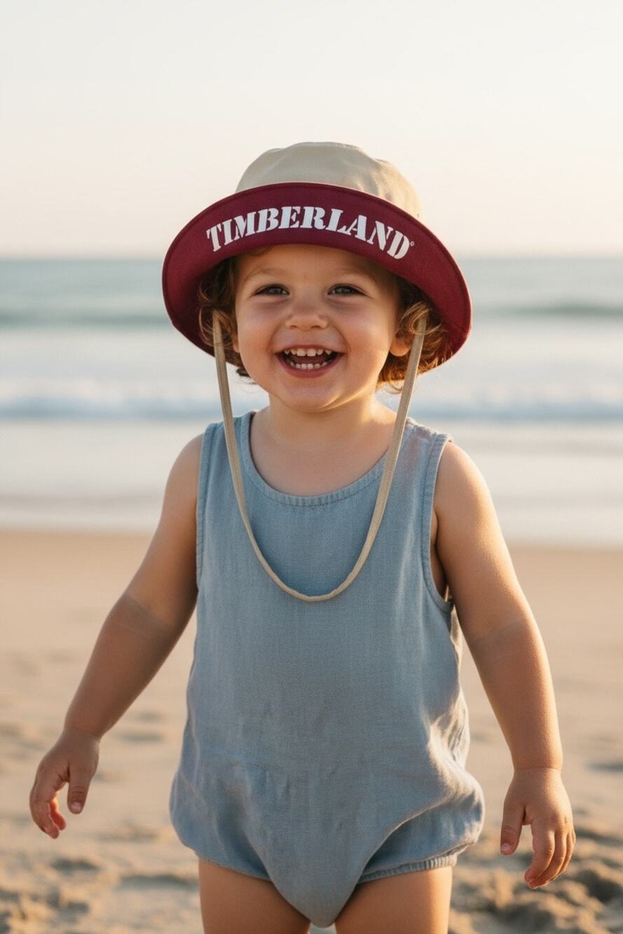 Vintage Timberland Summer Bucket Hat toddler 6-9 months beige white & burgundy